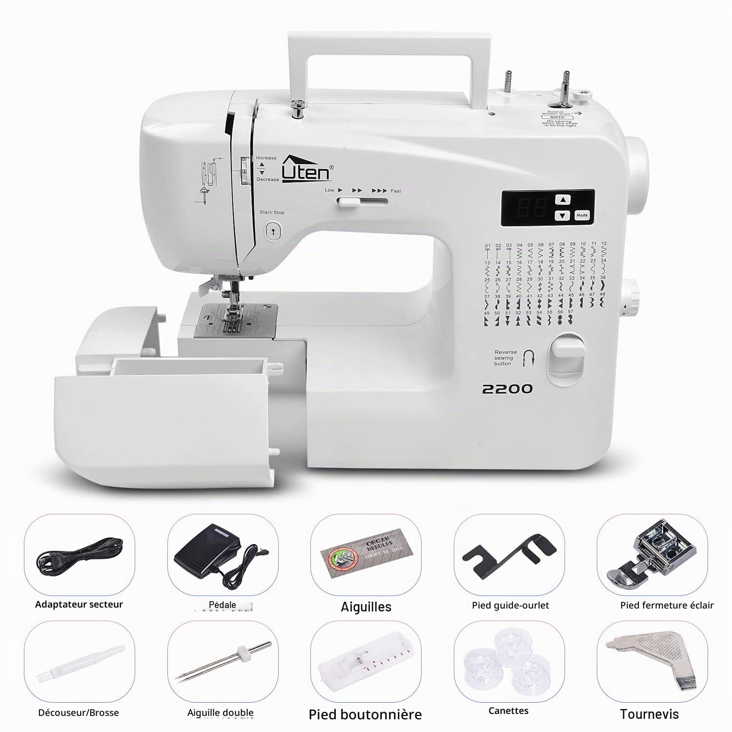 Uten Machine á Coudre Électronique avec 60 Points de Couture,LED Écran Multifonctions,Enfile-Aiguille Automatique,Coud sur Tous Les Tissus