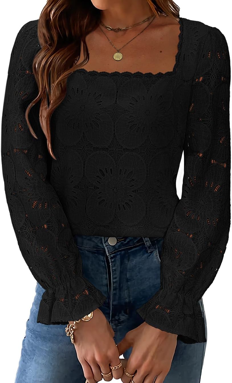 Blouses for Women Dressy Casual Eyelet Square Neck Long Sleeve Embroidered Lace Crochet Boho Tops Fall Fashion 2025