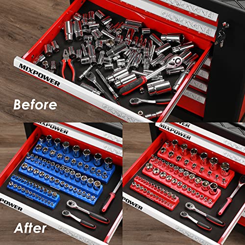 Image of MIXPOWER 6 Pieces SAE and Metric Magnetic Socket Organizers, Total 143 Slots, 1 /4 inch, 3 /8 inch and 1 /2 inch Drive, Magnetic Socket Holder Kit - Red /Blue