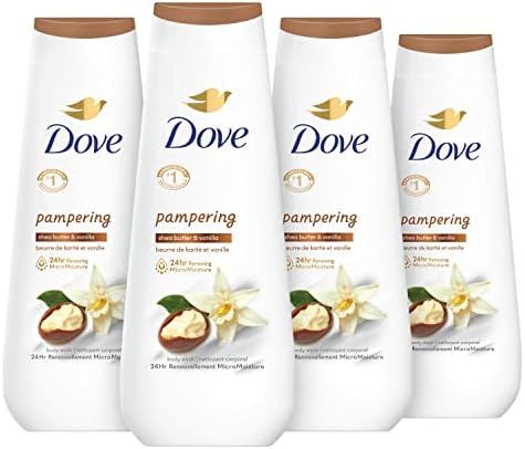 Dove Body Wash 4 Count Pampering Shea Butter & Vanilla for Renewed, Healthy-Looking Skin Gentle Skin Cleanser with 24hr Renewing MicroMoisture 20 oz