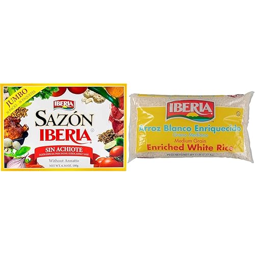 Sazon Iberia without Achiote 6.34 onzas (36 paquetes) + arroz blanco Iberia de grano medio, 5 libras