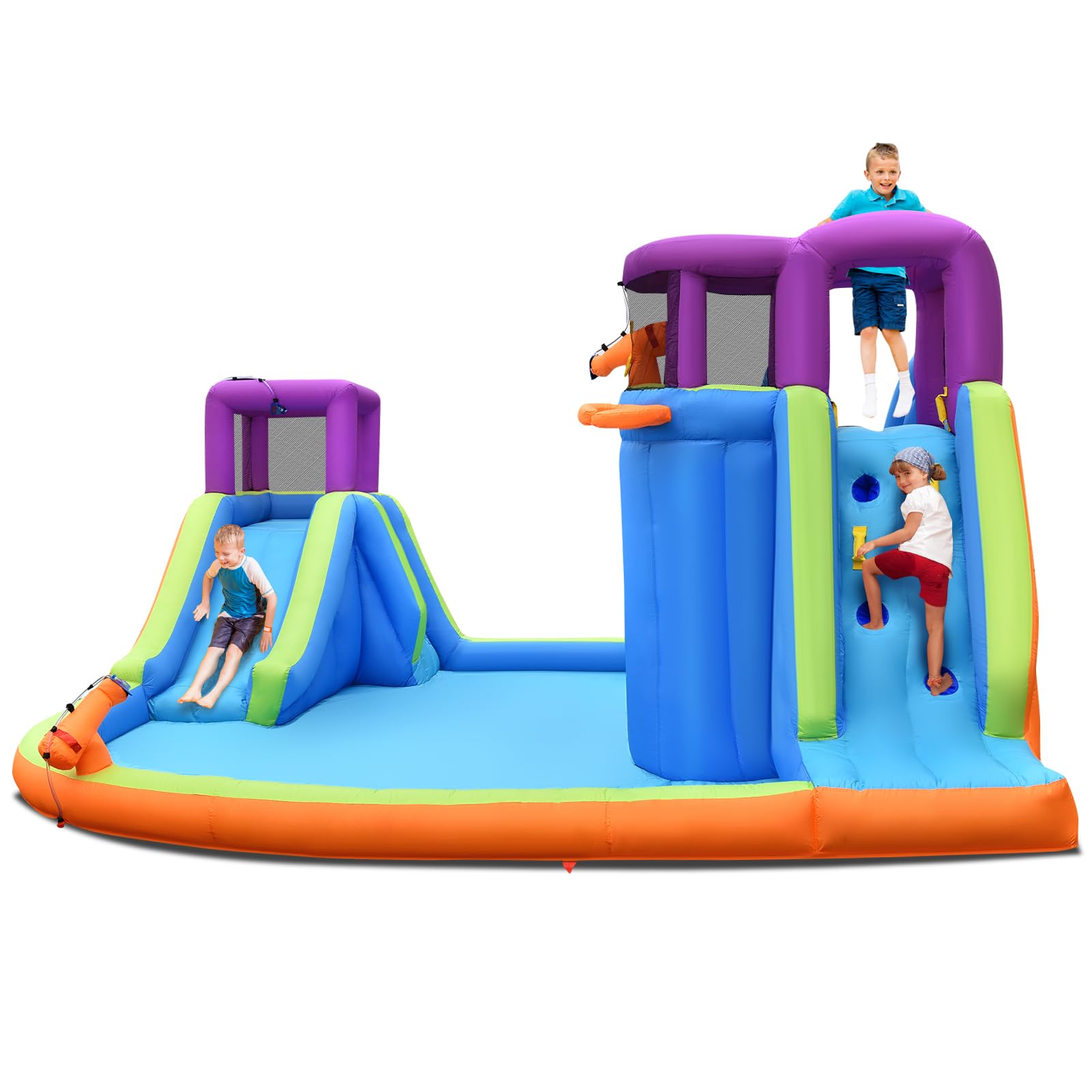 GOPLUS Inflatable Water Park, Inflatable Castle with Double Slide, Water Gun, Climbing Wall, Basketball Hoop, Ball, Outdoor Activity Center with Pool for Kids