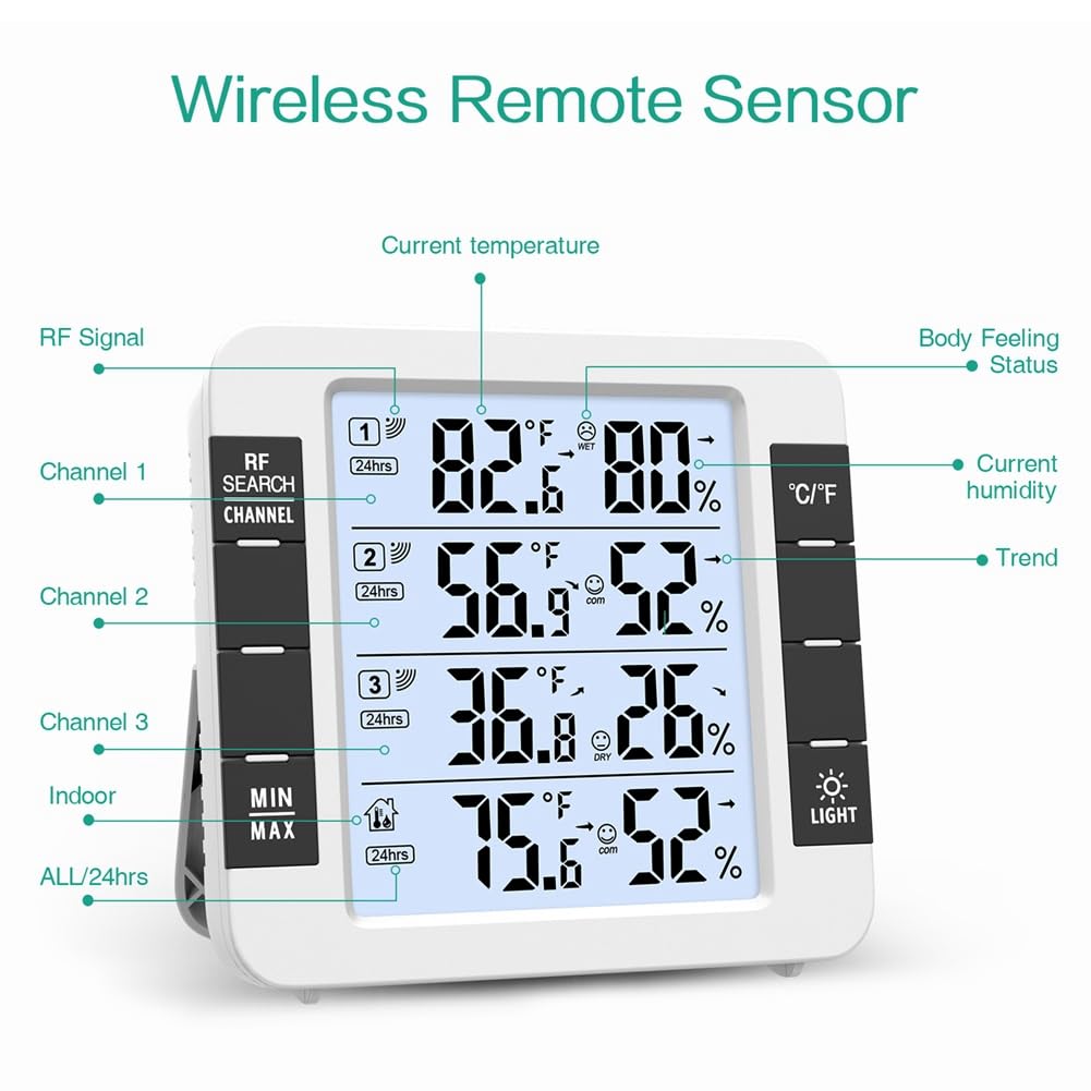 Igrometro 100M Termometro Digitale Wireless per Interni Ed Esterni con Stazione Meteorologica Igrometrica Un 3 Sensori per Casa e Ufficio