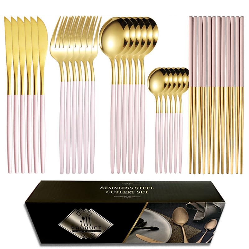 Dining Dinnerware Tableware Kitchen Set, 401 Stainless Steel，Stainless steel cutlery knife,Chopsticks fork and spoon set 30-piece cutlery set 6 people gift box with (Pink gold)