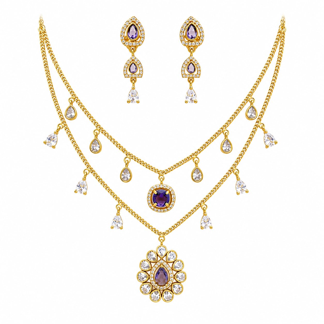 Traditional Gold Plated Layered Necklace Set for Women with Purple Stone Pendant & Drop Earrings | American Diamond Choker Style Jewellery Set | Ethnic Party Necklace for Saree, Lehenga & Wedding-image-32