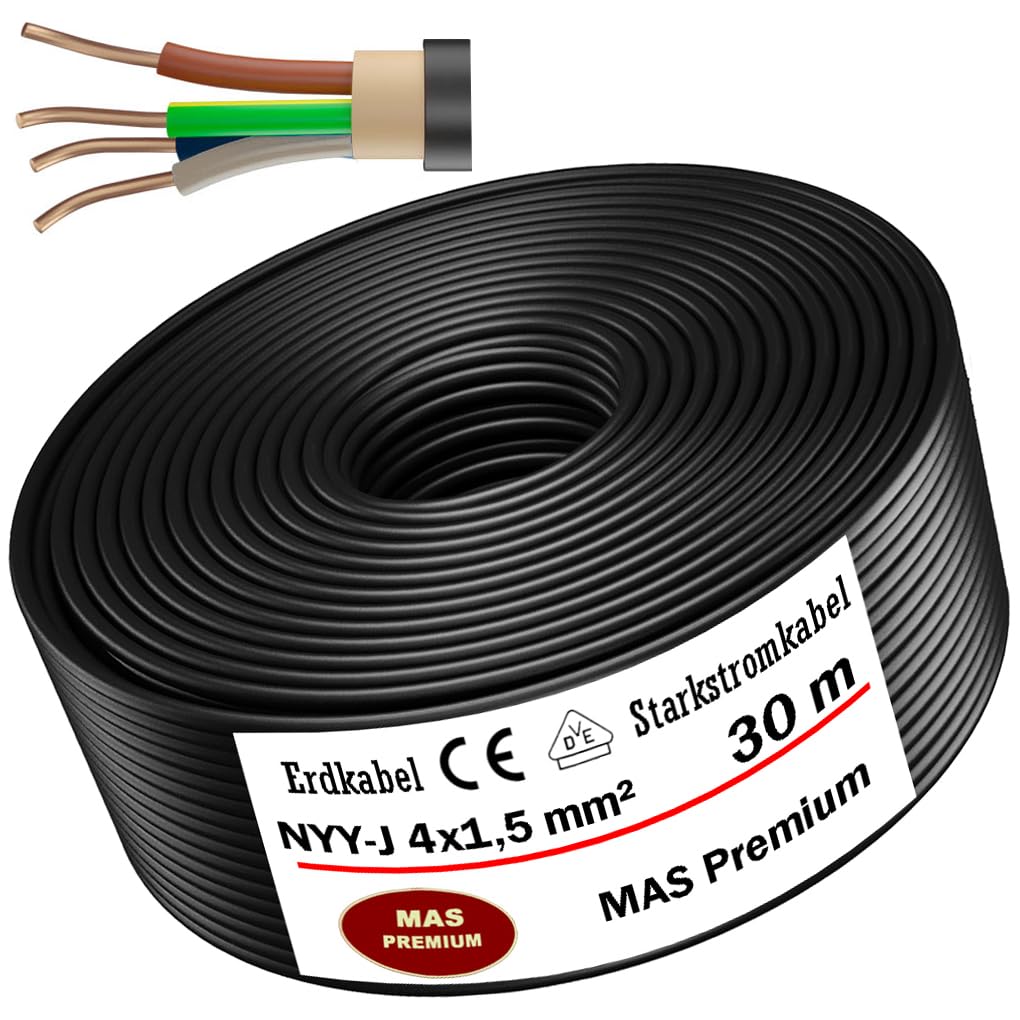 MAS Premium Erdkabel Stromkabel 5, 10, 15, 20, 25, 30, 35, 40, 50, 60, 70, 75, 80, 90 oder 100m NYY-J 4x1,5 mm² Elektrokabel Ring zur Verlegung im Freien, Erdreich (30m)