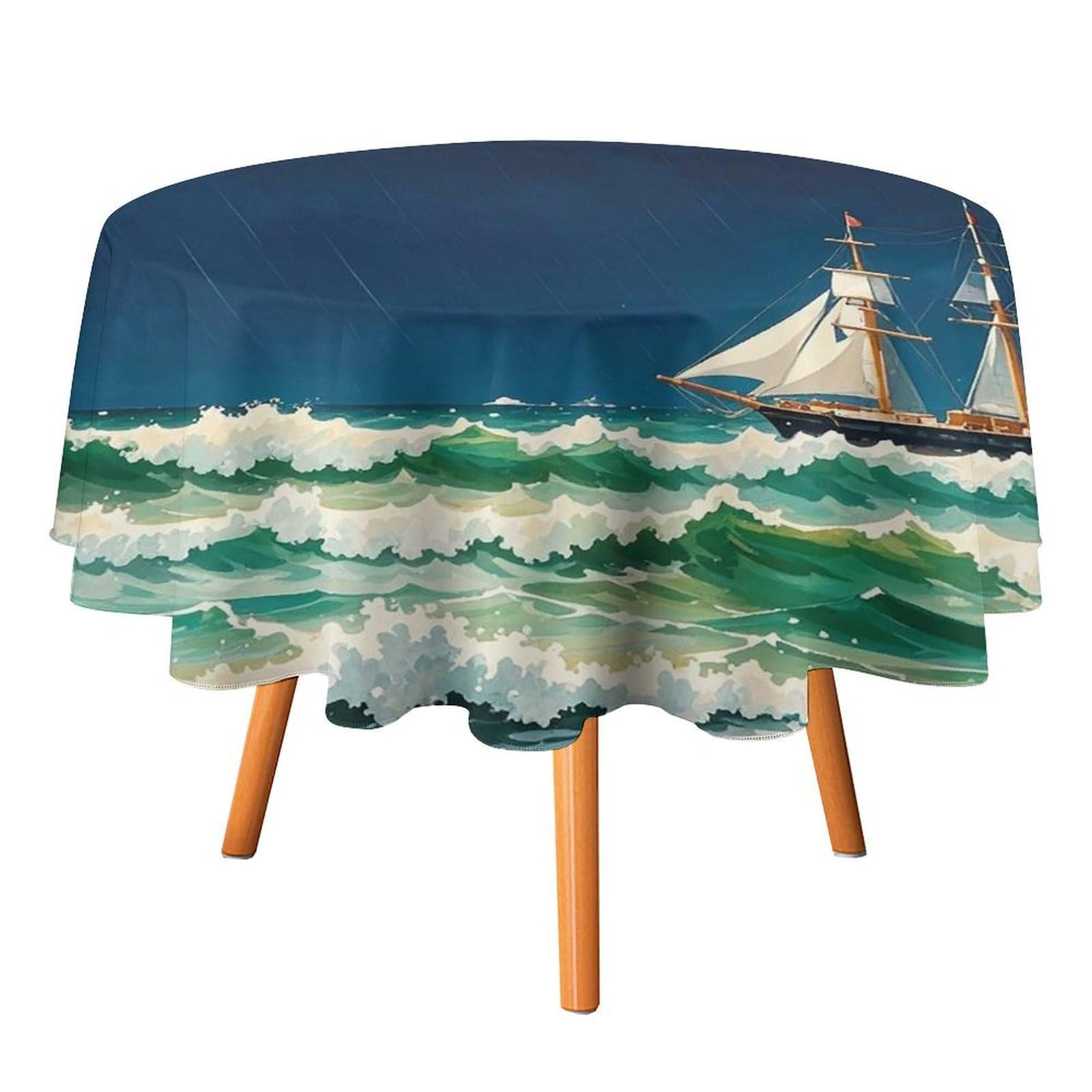 SMAZDFXX Stormy Waves Vintage Sailboat Tablecloth for Restaurant, Round Polyester Table Cover 50x50in for Party