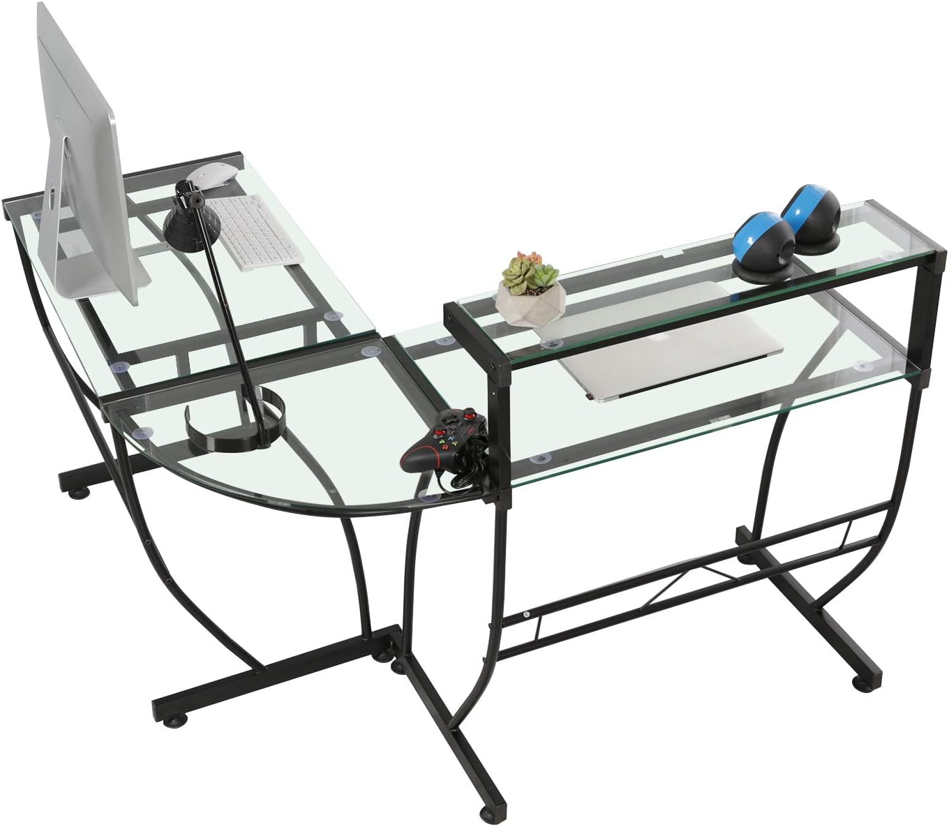 soges L Shaped Desk Computer Desk Tempered Glass Corner Desk Gaming Table PC Table Workstation with Keyboard Tray, Transparent DX-403C-XHY