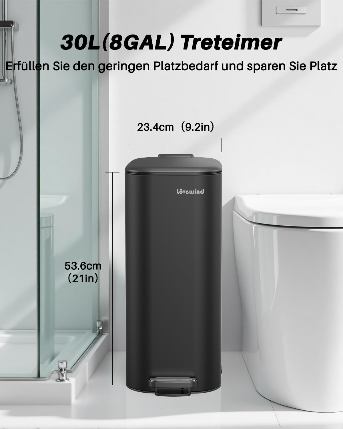 Lovewind Mülleimer Küche 30l, Softclose Abfalleimer mit Deckel,Treteimer aus Stahl, Mülleimer Schmal mit Inneneimer für Küche, Büro, Schwarz