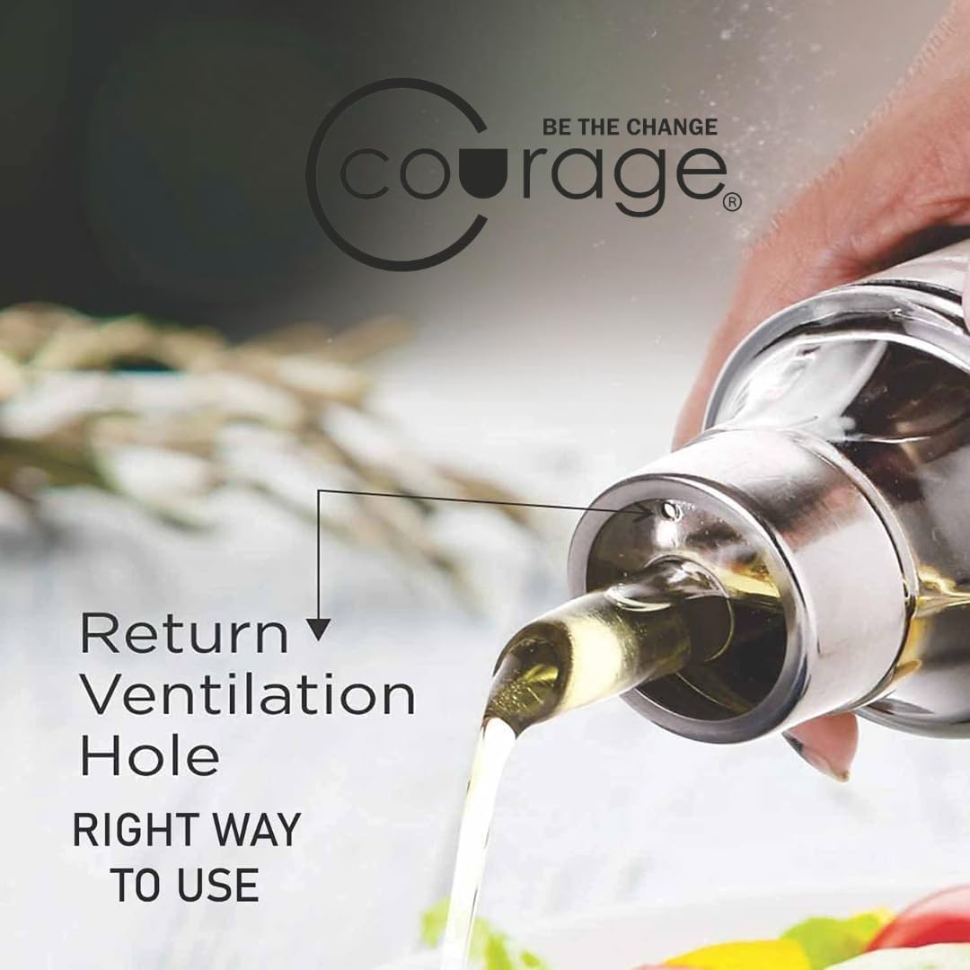COURAGE ; BE THE CHANGE Dispensador de aceite de acero inoxidable, recipiente de aceite a prueba de fugas y sin BPA para aceites de cocina y vinagre, accesorio de cocina duradero para verter y