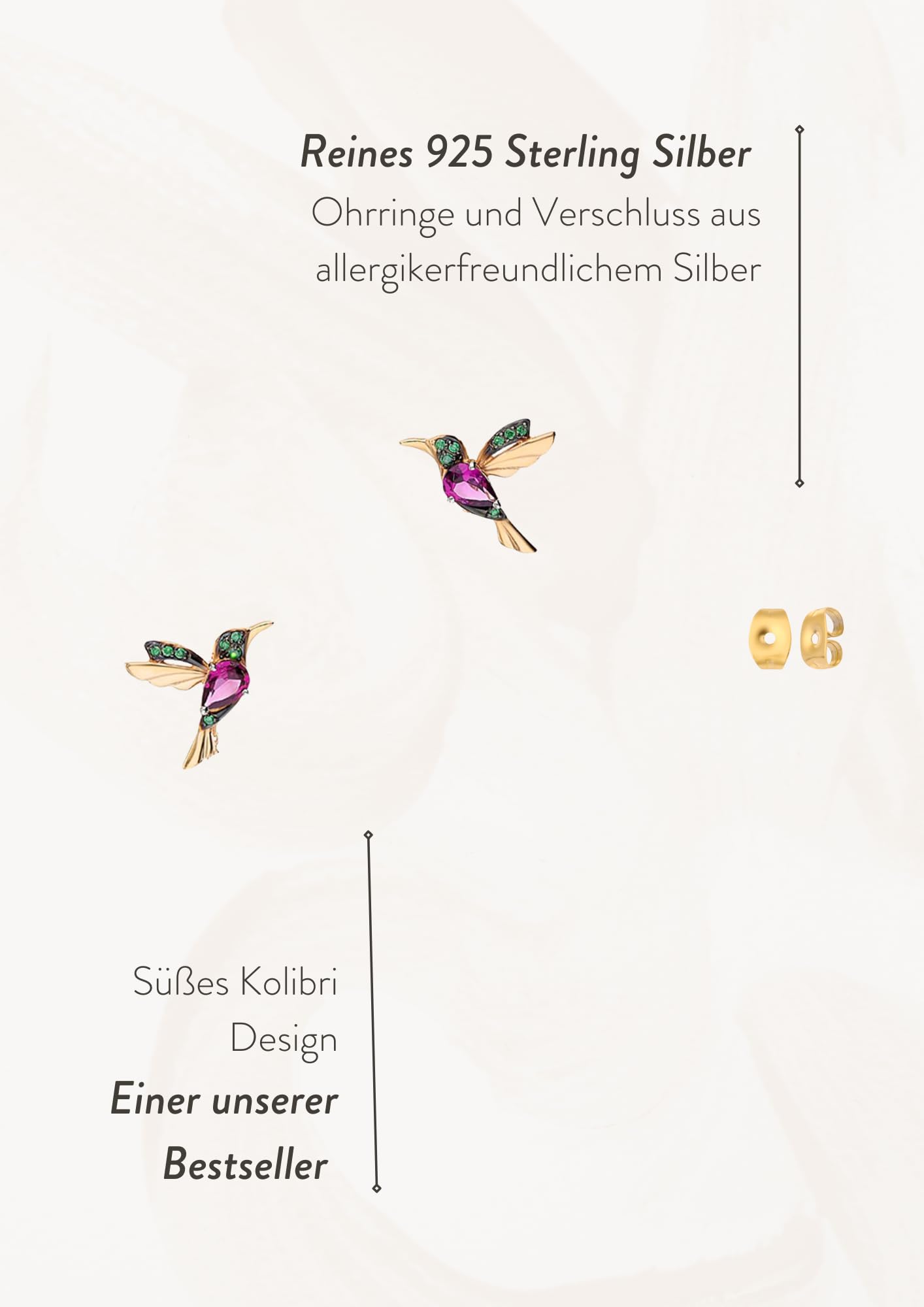 Einzelstück® Kolibri Ohrstecker I 925 Sterling Silber Ohrringe im Vogel Design I 14K Gold & Rosegold I Handmade mit grünen und pinken Zirkonia Steinen I Allergikerfreundlicher Echtschmuck