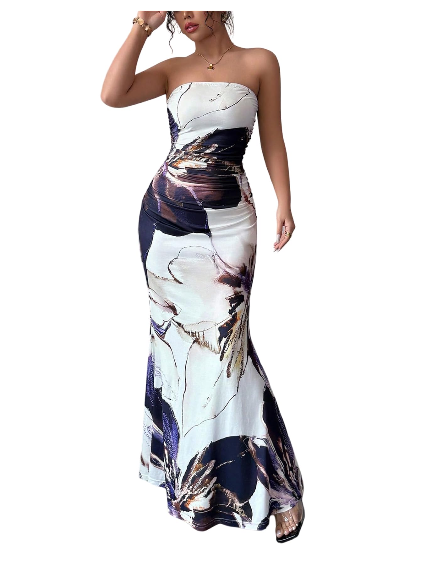 Women's Summer Strapless Dresses Floral Ruched Fishtail Ruffle Maxi Elegant Bodycon Bandeau Cocktail Dress
