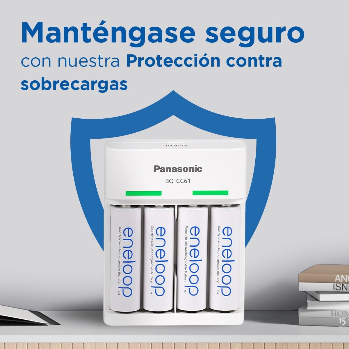 eneloop Basic Cargador USB, para 2 o 4 Pilas Recargables AA/AAA, 10h de Tiempo de Carga, 6 Funciones de Seguridad, 4 Pilas eneloop AA (2000 mAh) Incluidas
