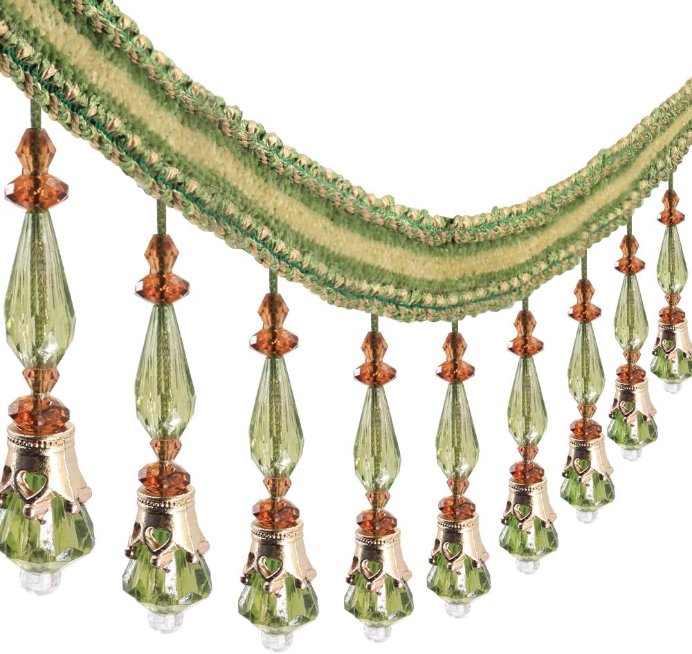 3Yard Beaded Fringe Trim Decorative Tassel Border for Curtains, Tablecloths, Home Decor, Bohemian Style Beaded Edging for DIY Crafts (Green)