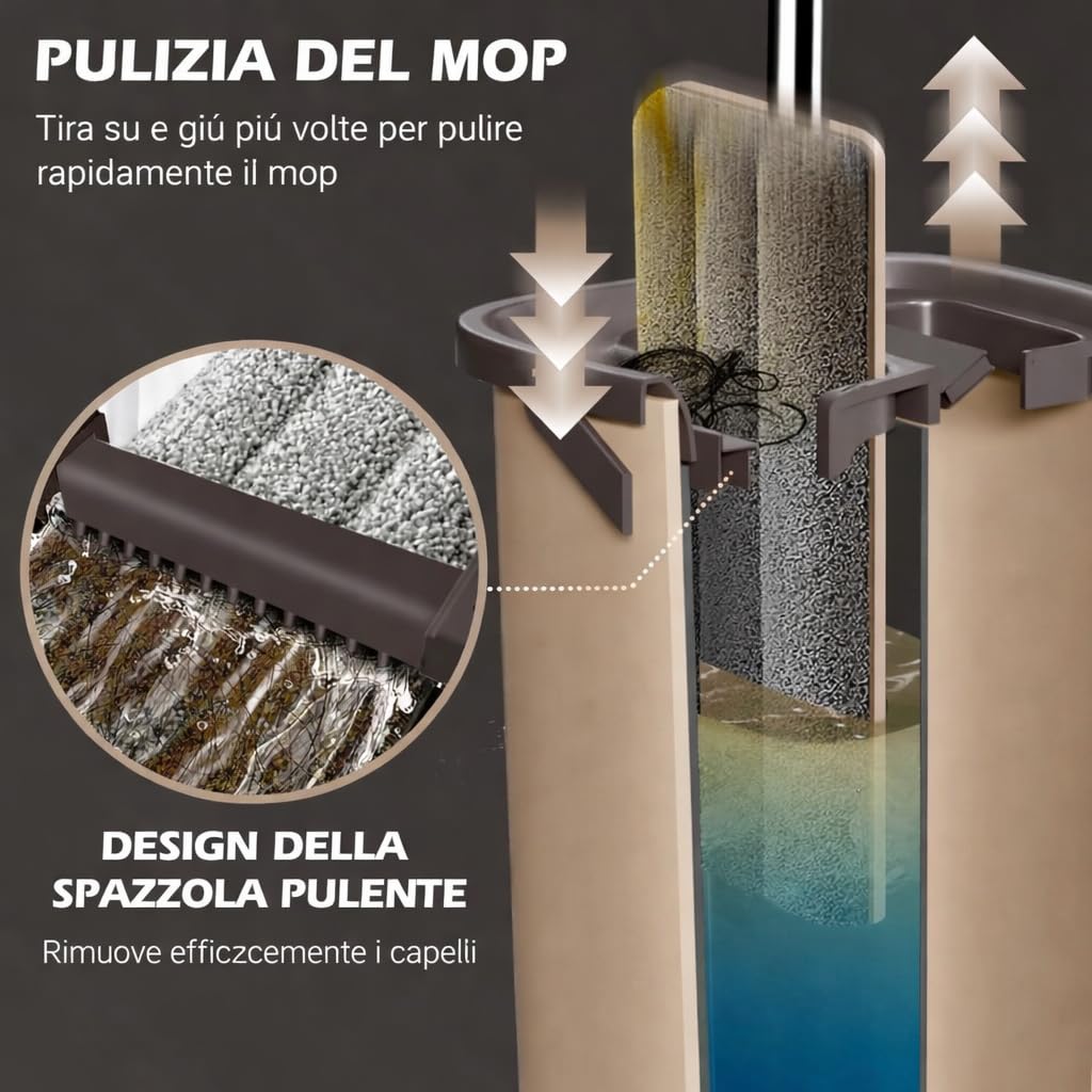 Mocio con Secchio e Strizzatore, Mop Piatto con 6 Panni in Microfibra, Manico Telescopico in Acciaio Inox 132 cm, Lavapavimenti per Casa, Piastrelle e Parquet, Colore Beige