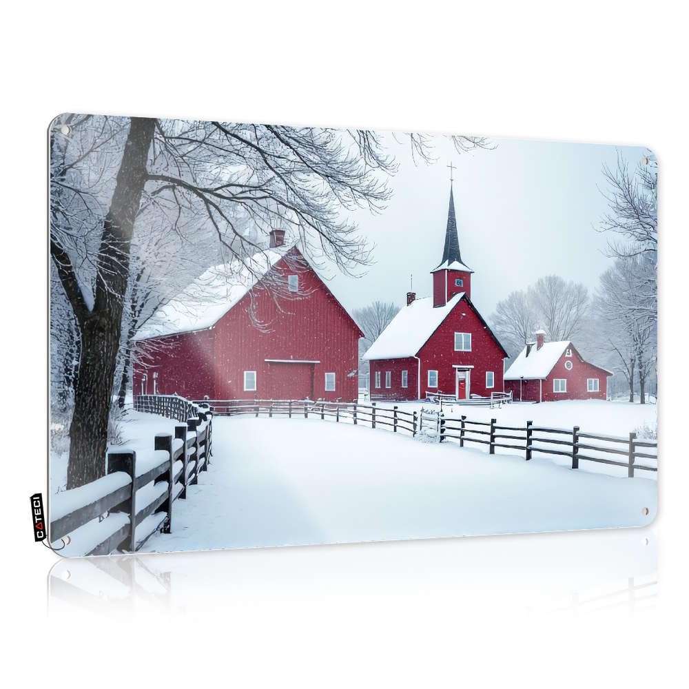 Fzfn Colour A Snowy Scene With Red Barns. Designer Simple - Lake Life Decor Retro Wall Art Wall Art Decoration(20X30cm)