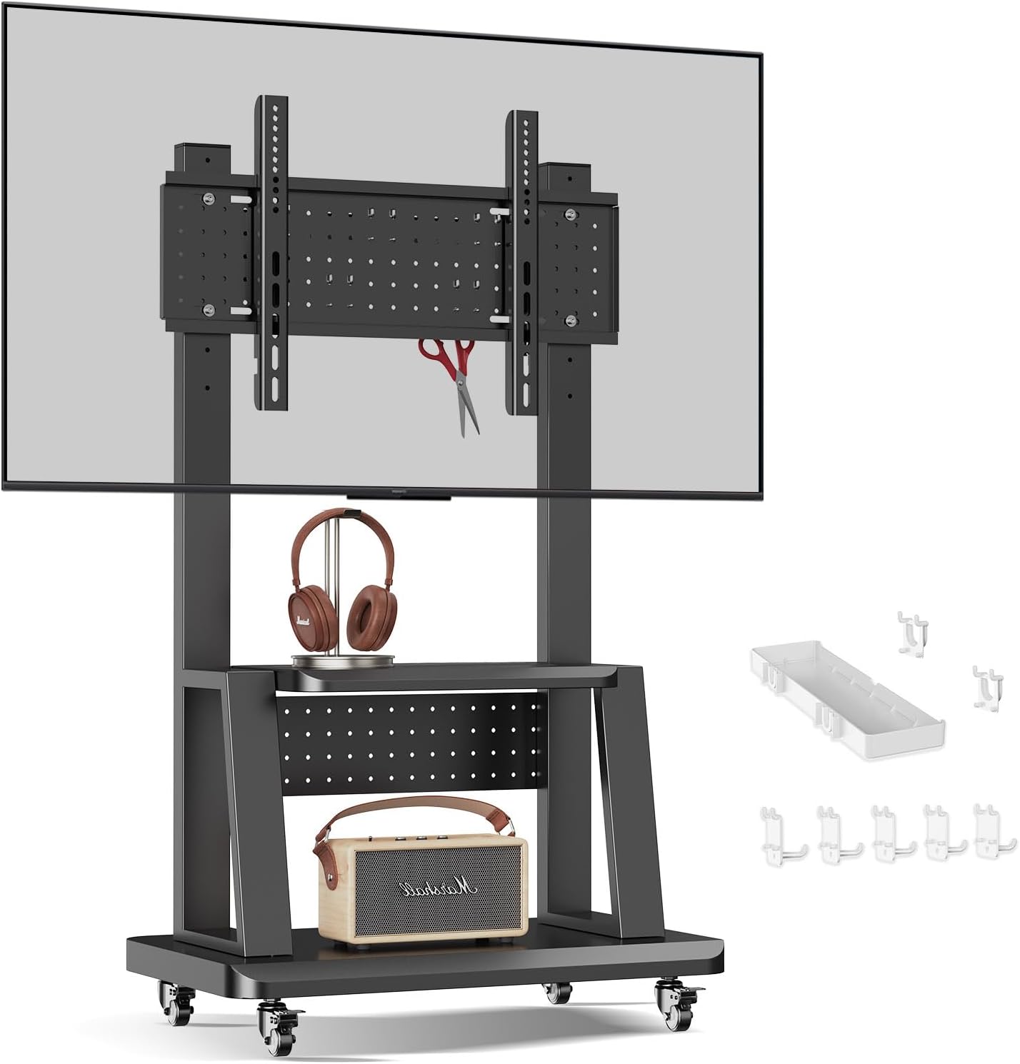Mobile TV Cart Rolling TV Stand with Pegboard Storage for 32-80 Inch Screens up to 220 lbs, Height Adjustable Heavy-Duty Portable Floor TV Stand on Lockable Wheels with Shelf Max VESA 600x400mm