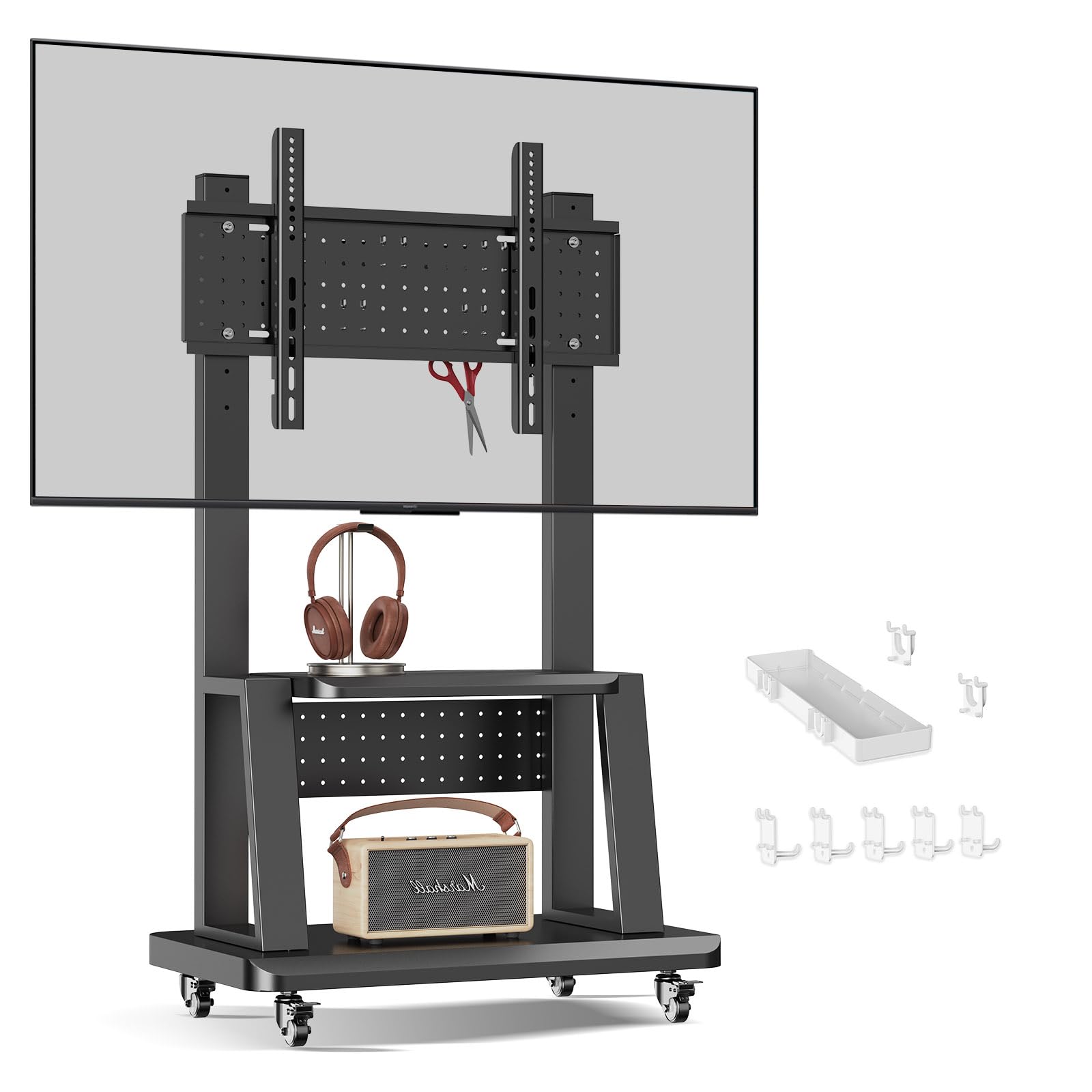 Mobile TV Cart Rolling TV Stand with Pegboard Storage for 32-80 Inch Screens up to 220 lbs, Height Adjustable Heavy-Duty Portable Floor TV Stand on