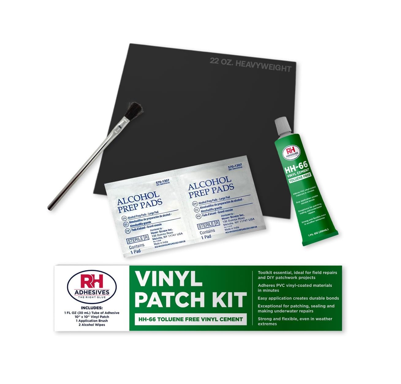 RH Adhesives Vinyl Patch Kit with 10" x 10" Reinforced Flexible PVC, 1 oz. Tube of HH-66 TF Vinyl Cement, Applicator Brush, Alcohol Wipes (Black, Heavyweight PVC (22 oz.))
