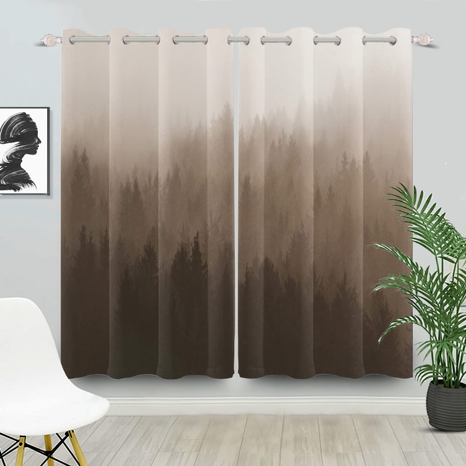 Braune Ombre-Waldvorhänge 120 x 234 cm (B x H) Nebelwald, Thermovorhang Verdunkelungsvorhänge für Wohn- und Schlafzimmer, modernes ästhetisches Ösen-Design, 2er Set
