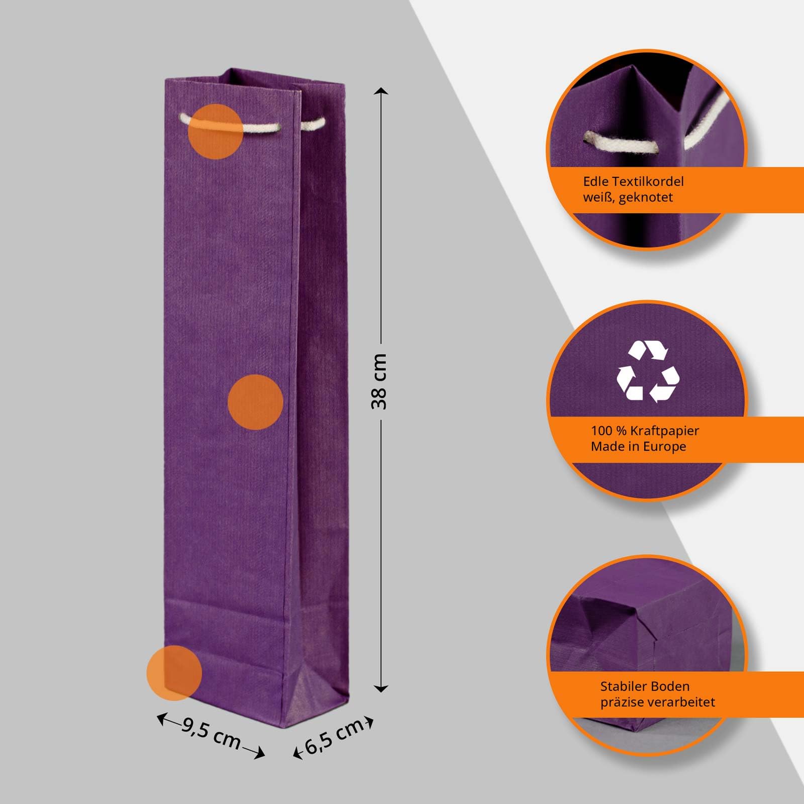 50 x Flaschentaschen lila 9,5+6,5x38 cm | Flaschentüten | Geschenktüte Flasche Wein | Weintaschen | HUTNER