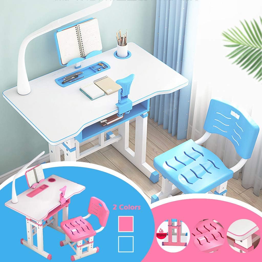 amousa Children Desk, Children Study Table, Height Adjustable Kids Desk and Chair Set, Childs Desk W/Lamp, with Students Writing Desk Storage Drawer Bookstand for Boys & Girls