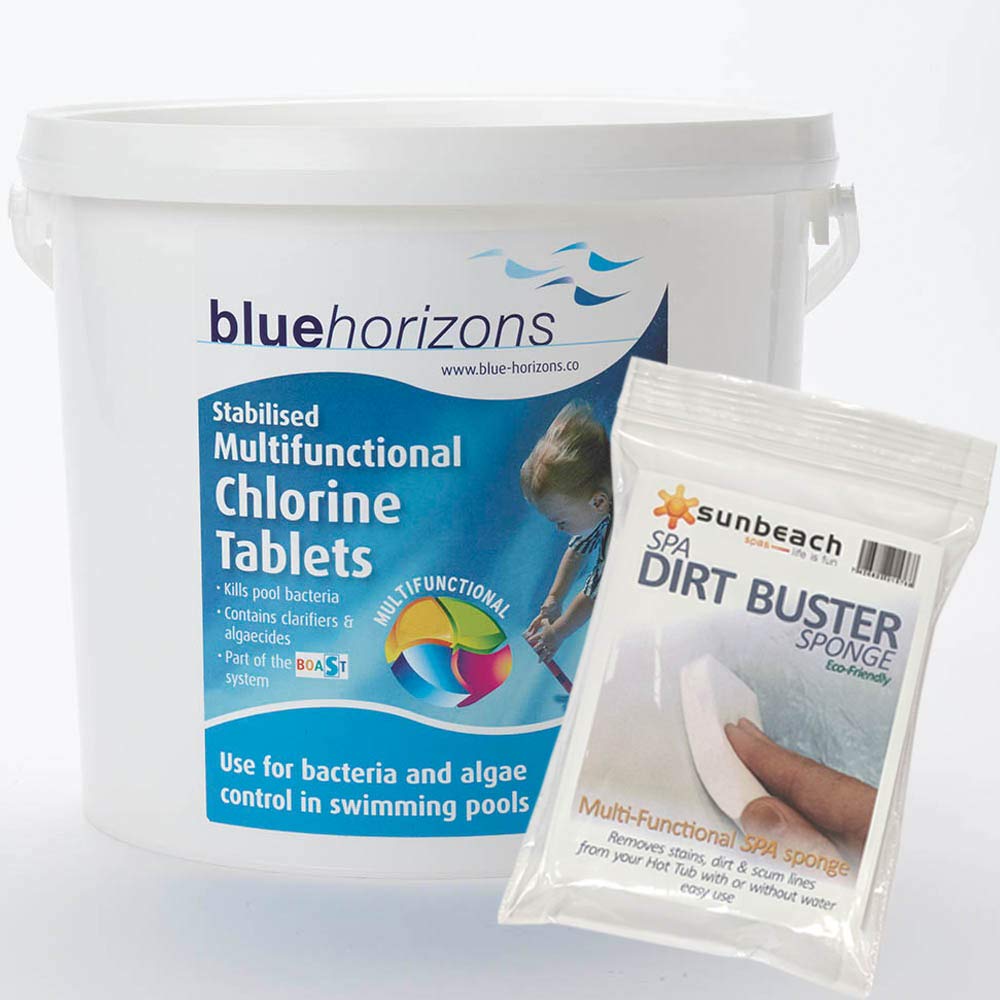 Blue Horizons 5kg Multifunctional 200g Chlorine Tablets for Pools with FREE Sunbeach Dirt Buster Sponge