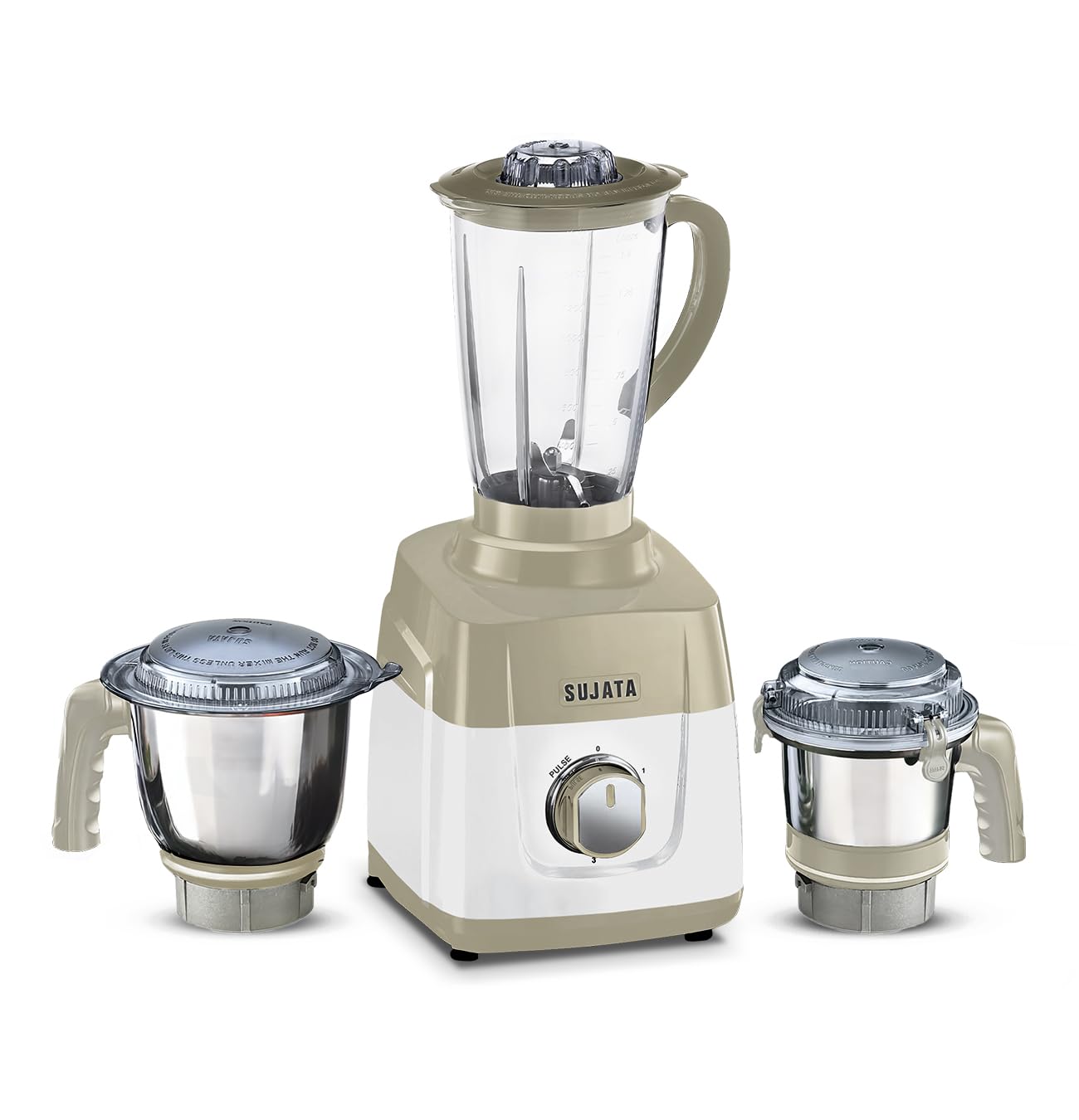 Sujata MG01 Mixer Grinder 1000Watts | Double Ball Bearing Motor | 24000 RPM | Non-Stop 90 Mins Running | 3 Jars including 1750ml Blender, 1000ml Grinder, 500ml Chutney Jar | Beige & White