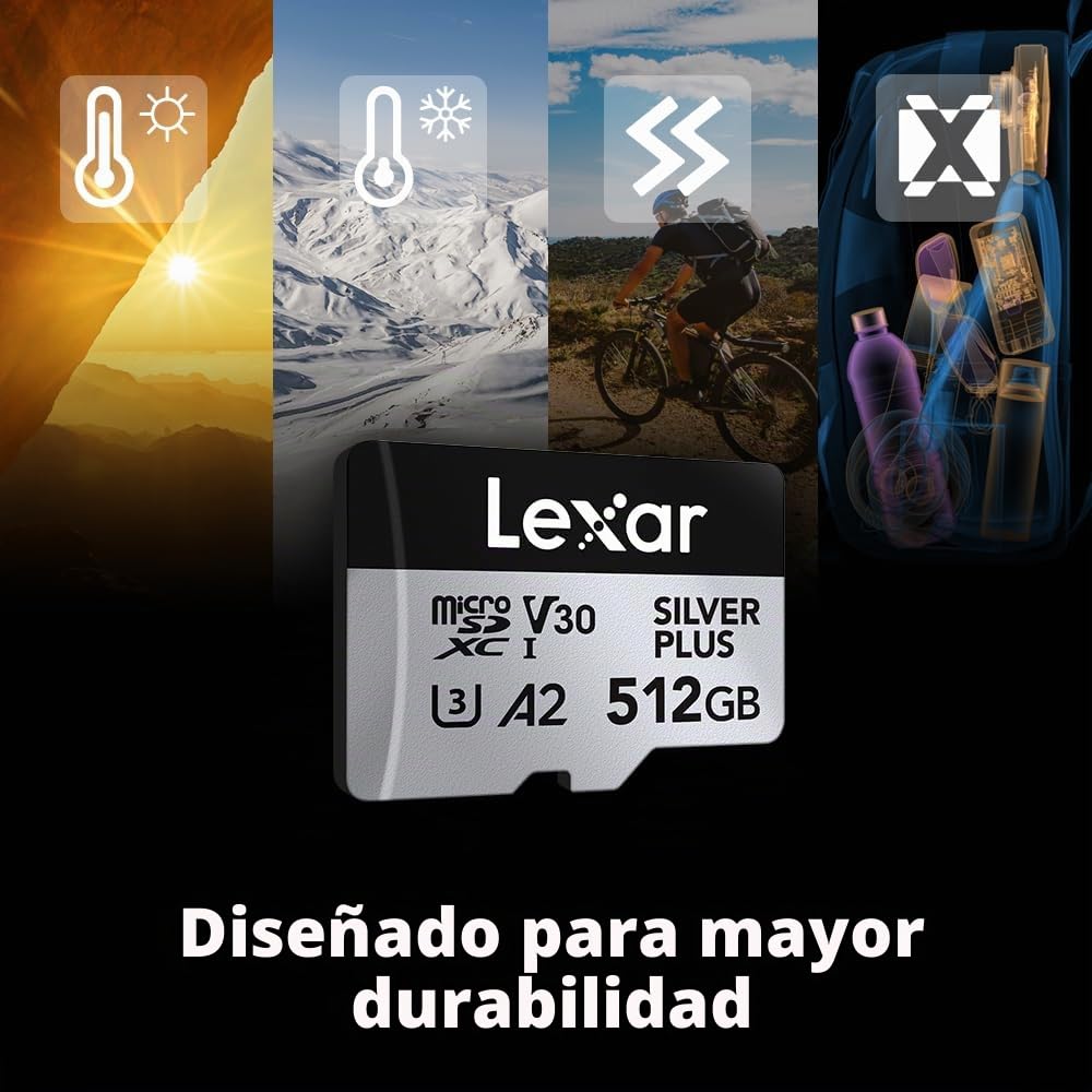 Lexar Tarjeta de Memoria microSDXC Professional Silver Plus 512 GB UHS-I C10 U3 V30 Full-HD 4K, 205/150 MB/s, para videógrafos, Jugadores