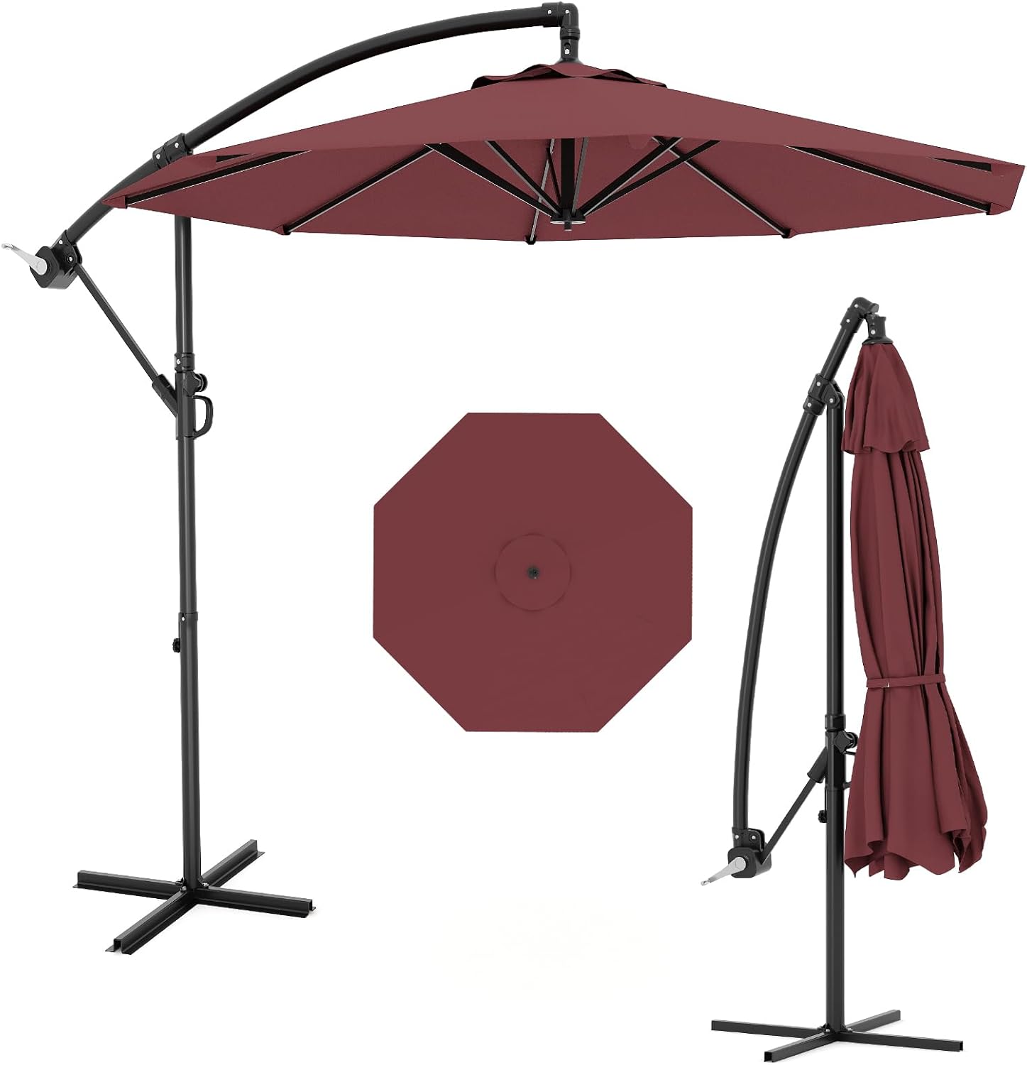 GarveeLife 10 ft Outdoor Offset Umbrella with Cross Base, Fade Resistant Canopy Large Patio Umbrella with Infinite Tilt and Crank Lift for Deck Pool Garden Backyard, Tan (Wine Red) - Image 6