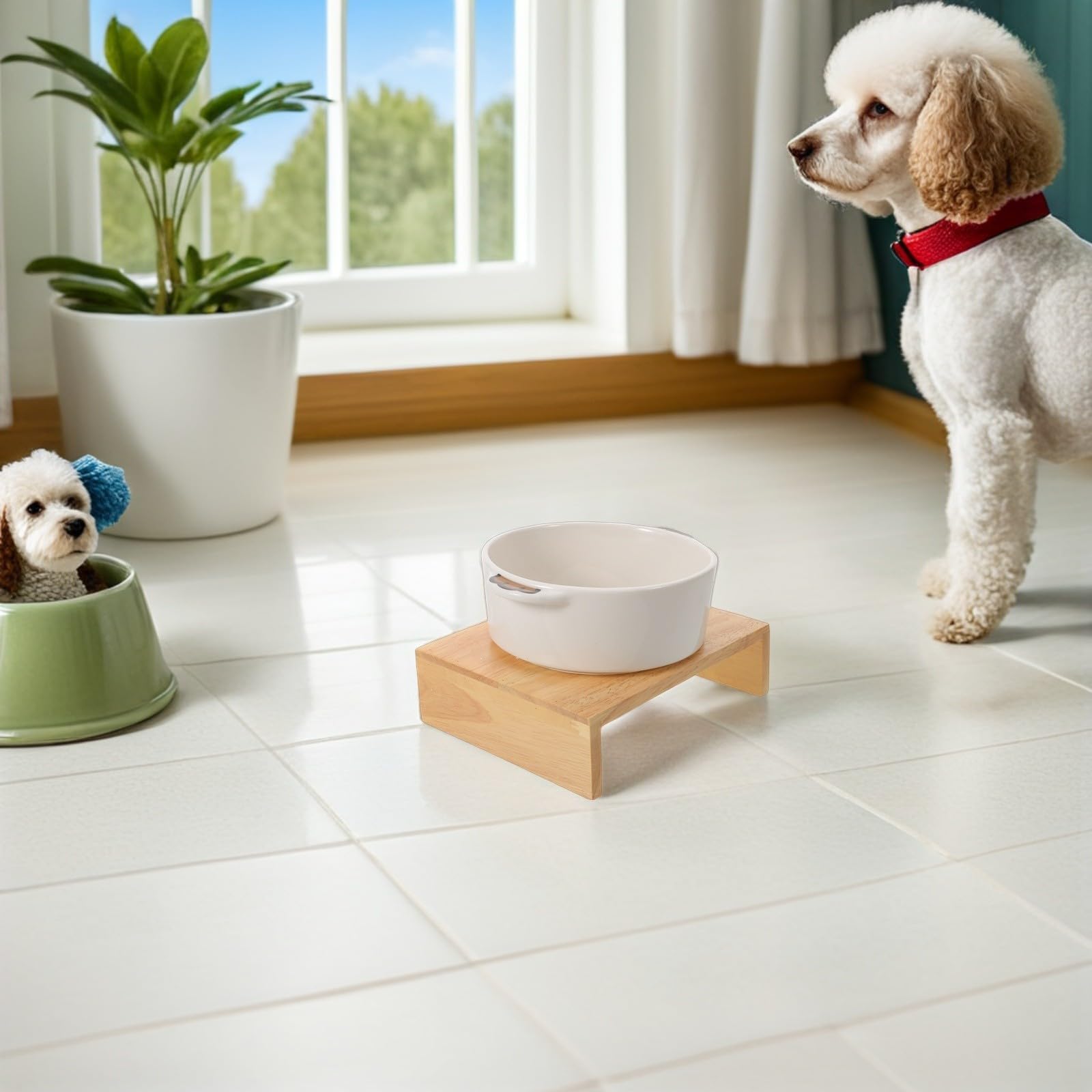 Yardwe Cuenco Rústico para Perros Cuencos de Agua y Comida Soporte de Madera, Cerámica, Doble Oreja, Antivuelco Prueba de Derrames para Perros y Cachorros en Hogares