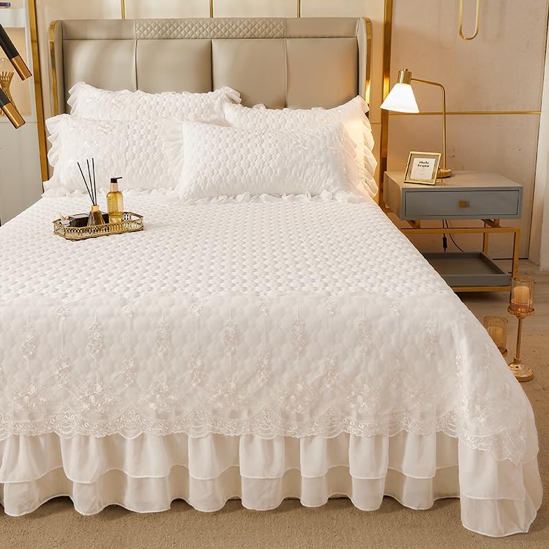 Plaid Quilted Ruffle Bedspread with Lace Decor, Queen, White