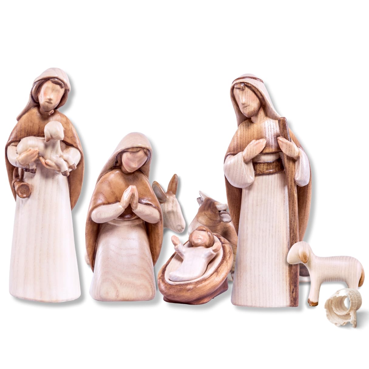 Akantus Moderne Krippenfiguren aus Holz: 7-teiliges Krippenfiguren Set (gebeizt) (10 cm)