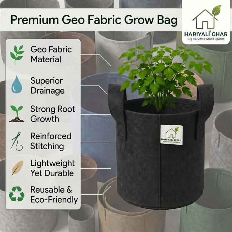 Image of 400 GSM Geo Fabric Round Grow Bags 9x9 Inch with Handle, Black Planting Bags for Terrace and Kitchen Gardening Pack of 8