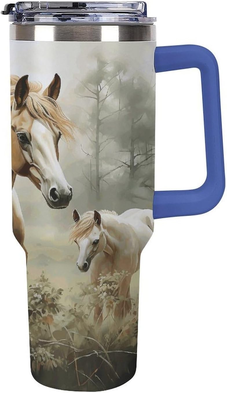 Animals Embroidery Paintings Horses Tumbler Stainless Steel Large Car Cup with Handle&Straw Lid Portable Coffee Cup Leak-proof Water Bottle Insulated Vacuum Travel Mug for Home Outdoor 40oz
