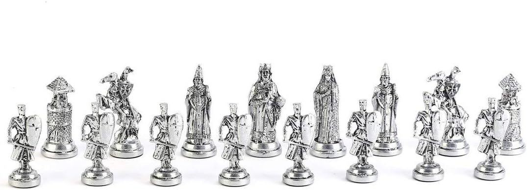 Gold-Silver Ottoman vs Byzantine Figures Metal Chess Set for Adults,Handmade Pieces and Natural Solid Wooden Chess Board, Original Pearl Around Board (Walnut)