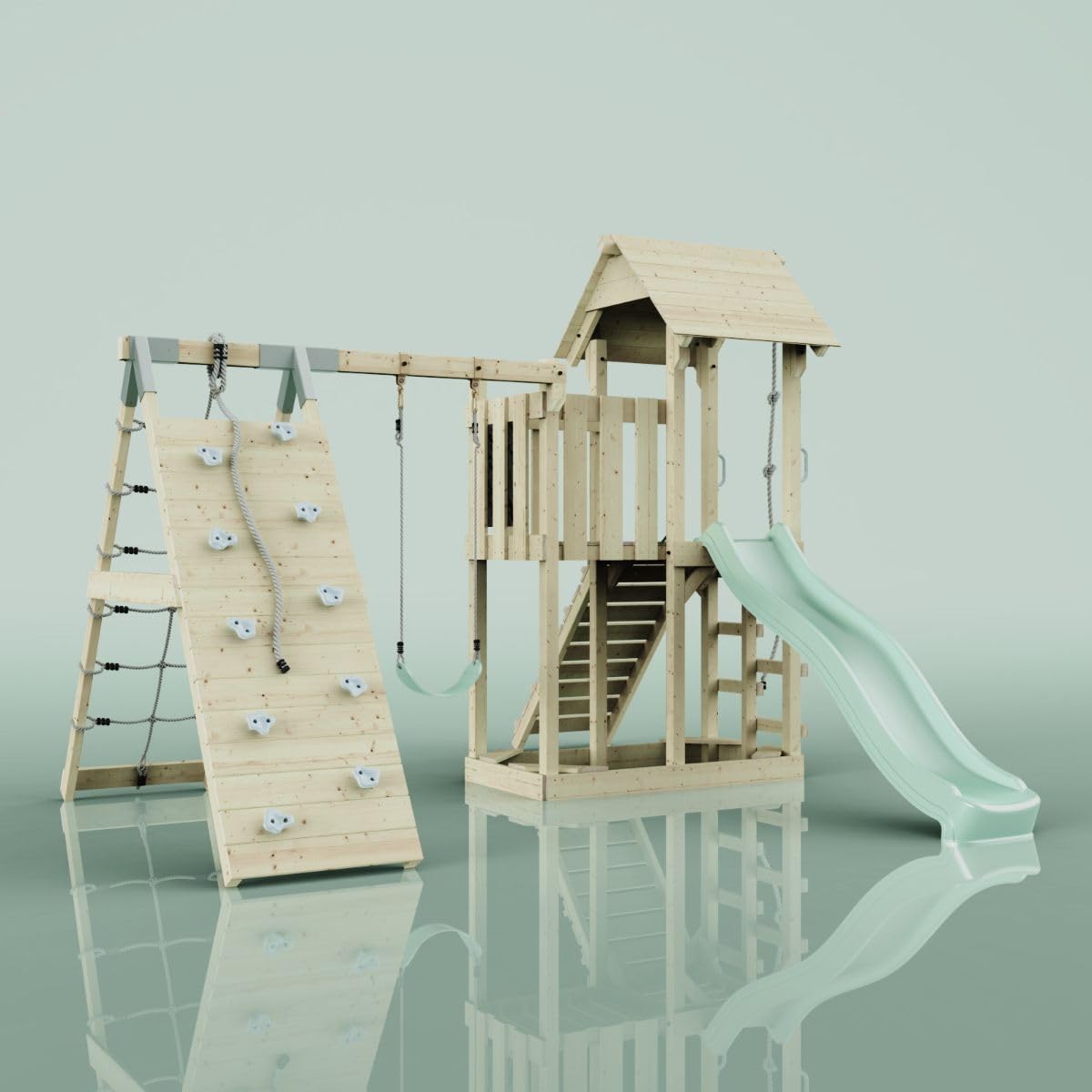ReboOutdoor Spielturm mit Wellenrutsche, Klettergerüst mit Kletterturm, Kletterwand und Klettwernetz,Mintgrün