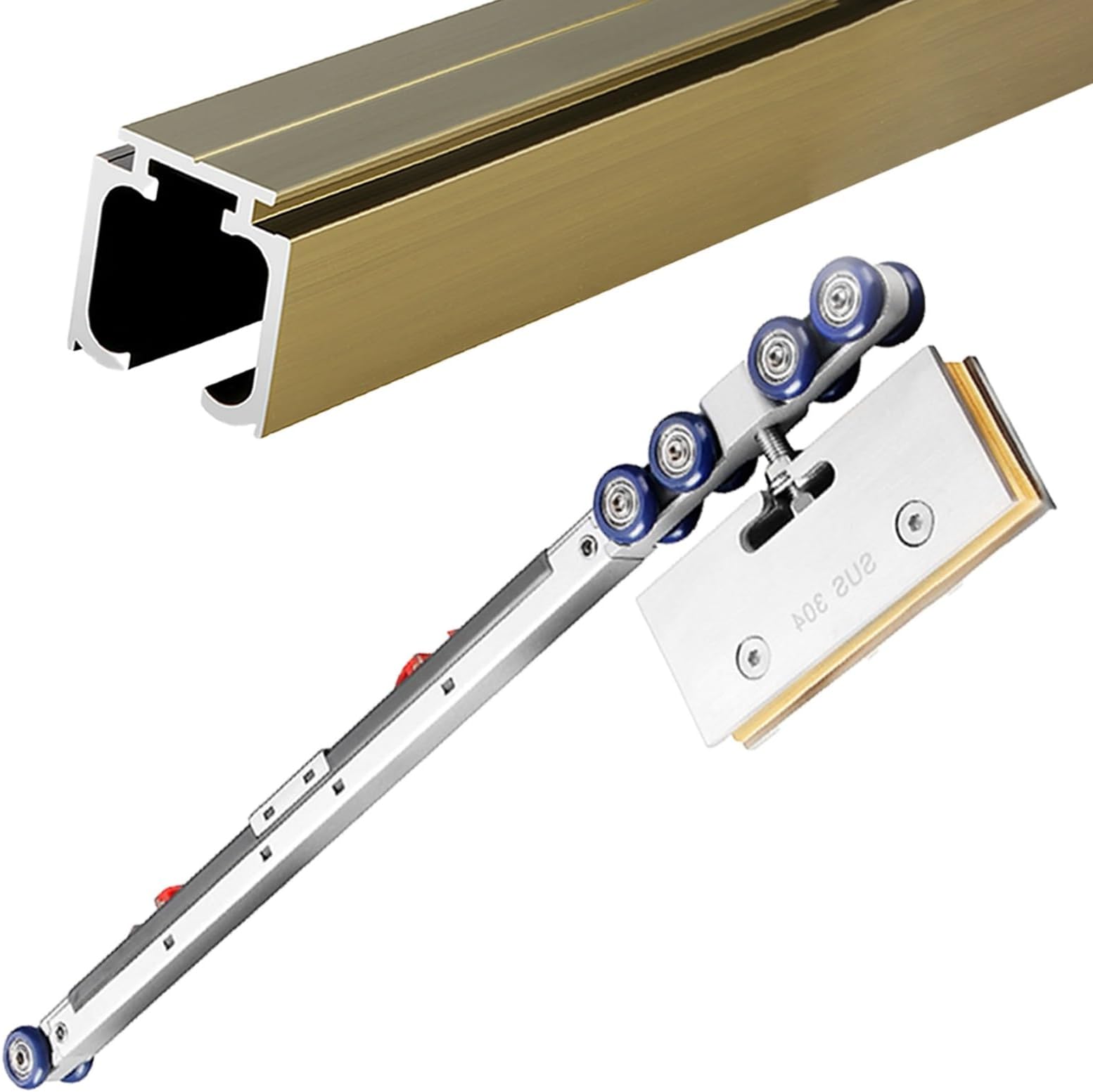Frameless Sliding Glass Track Door Hardware Soft Close Kit, Anti-ollision Pocket Doors Tracks with 2-Way Buffer Damping, Glass Wardrobe Bypass Door Rail(Champagne,17ft/5.2m)