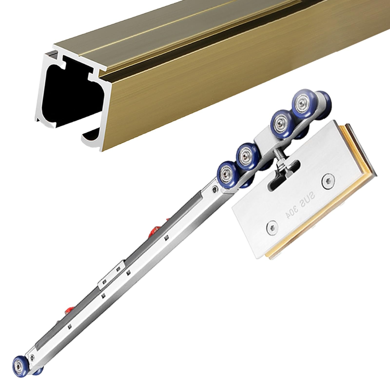 Frameless Sliding Glass Track Door Hardware Soft Close Kit, Anti-ollision Pocket Doors Tracks with 2-Way Buffer Damping, Glass Wardrobe Bypass Door Rail(Champagne,17ft/5.2m)