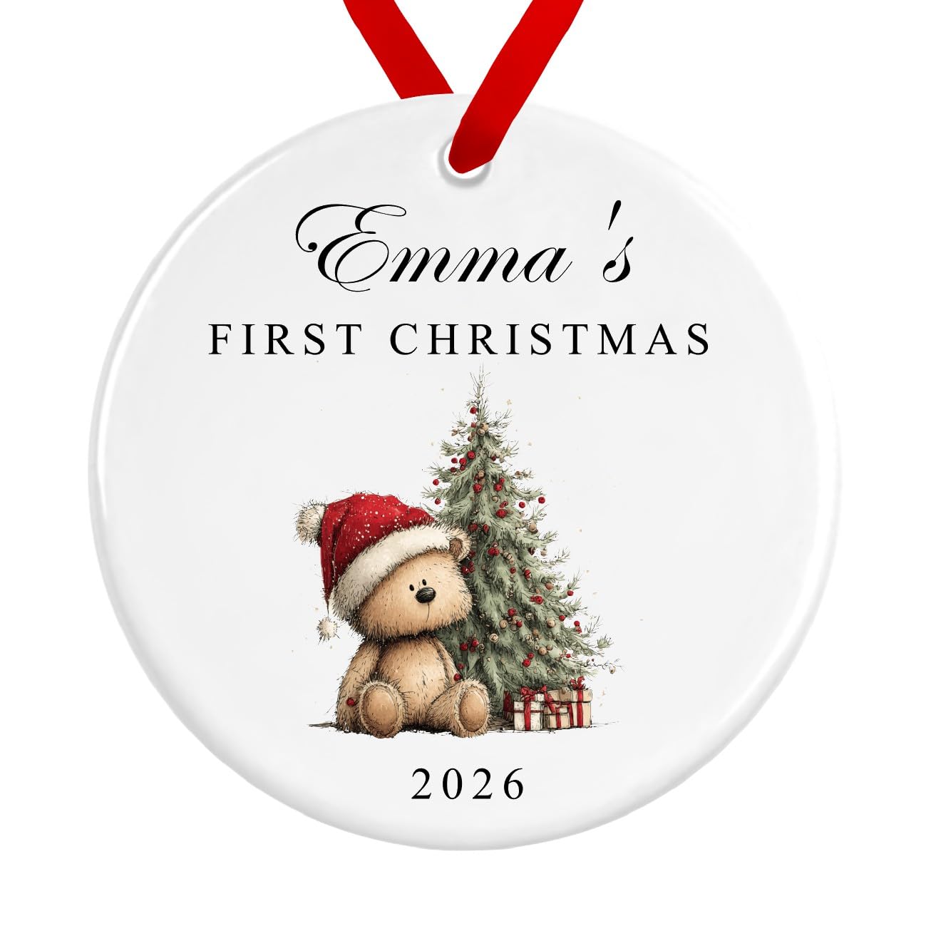 Baby First Christmas Bauble | Bear Tree Presents Ceramic Decoration | Personalised Baby's Name First Christmas Custom Ornament (Red Ribbon, Design 2)