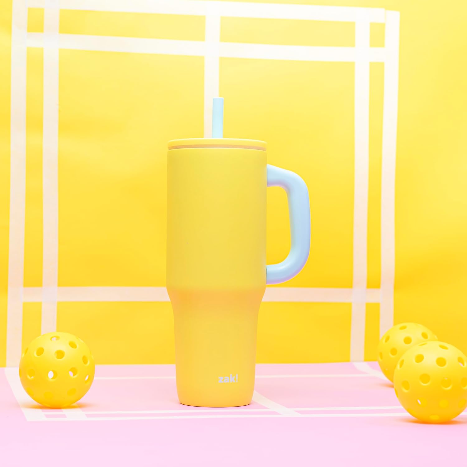 Zak Designs Sutton Travel Tumbler for On the Go, 40oz Stainless Steel with Vacuum Insulation, Silicone Straw, and Carry Handle for Cold Drinks (Sunflower Yellow) - Image 7