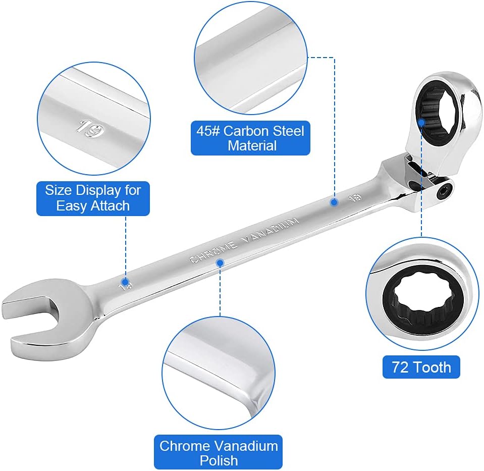 Ratcheting Wrench Set, 12pcs 8-19mm Metric Flexible Spanner Wrench Polished Tool Double Head Ratcheting Wrench Set Ratchet Combination Wrench CR-V Gear Spanner Set for Home Garage Factory Repairing