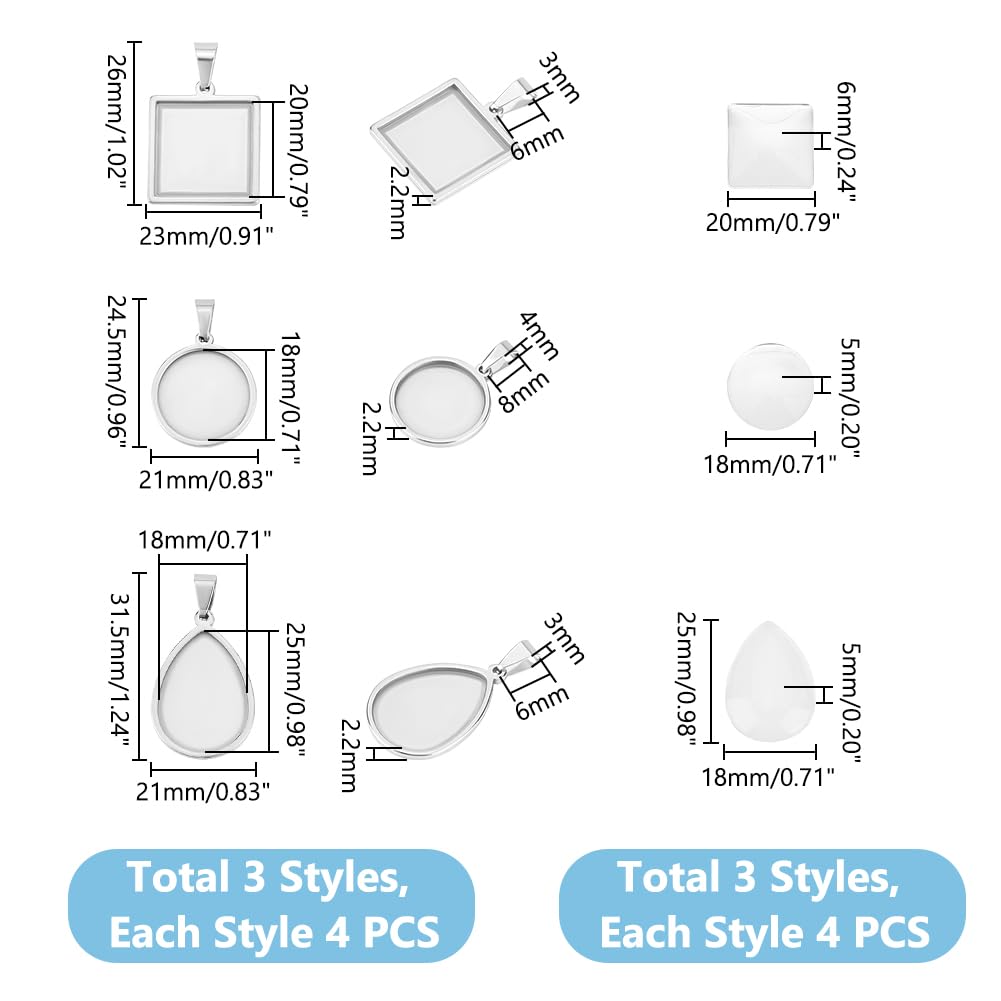 UNICRAFTALE 24pcs 3 Styles 6set Cabochon Pendant Settings Stainless Steel Blank Bezel Pendant Trays Teardrop Square Flat Round Base Cabochon Charm with Glass Cabochons for Jewelry Making - Image 3