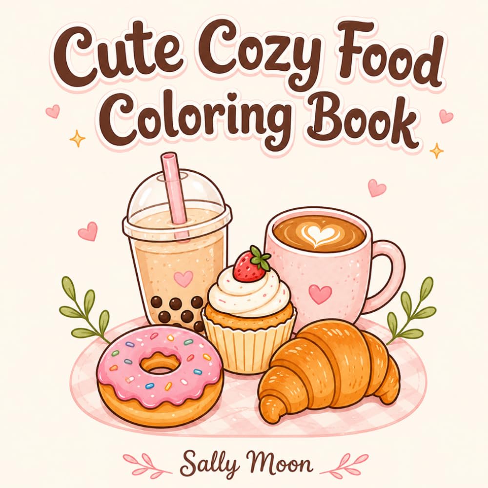 Cute Cozy Food Coloring Book: Bold and Easy Cozy Food and Drinks Coloring Pages for Kids, Teens and Adults, Featuring Boba, Desserts, Snacks, Fruits and Café Treats
