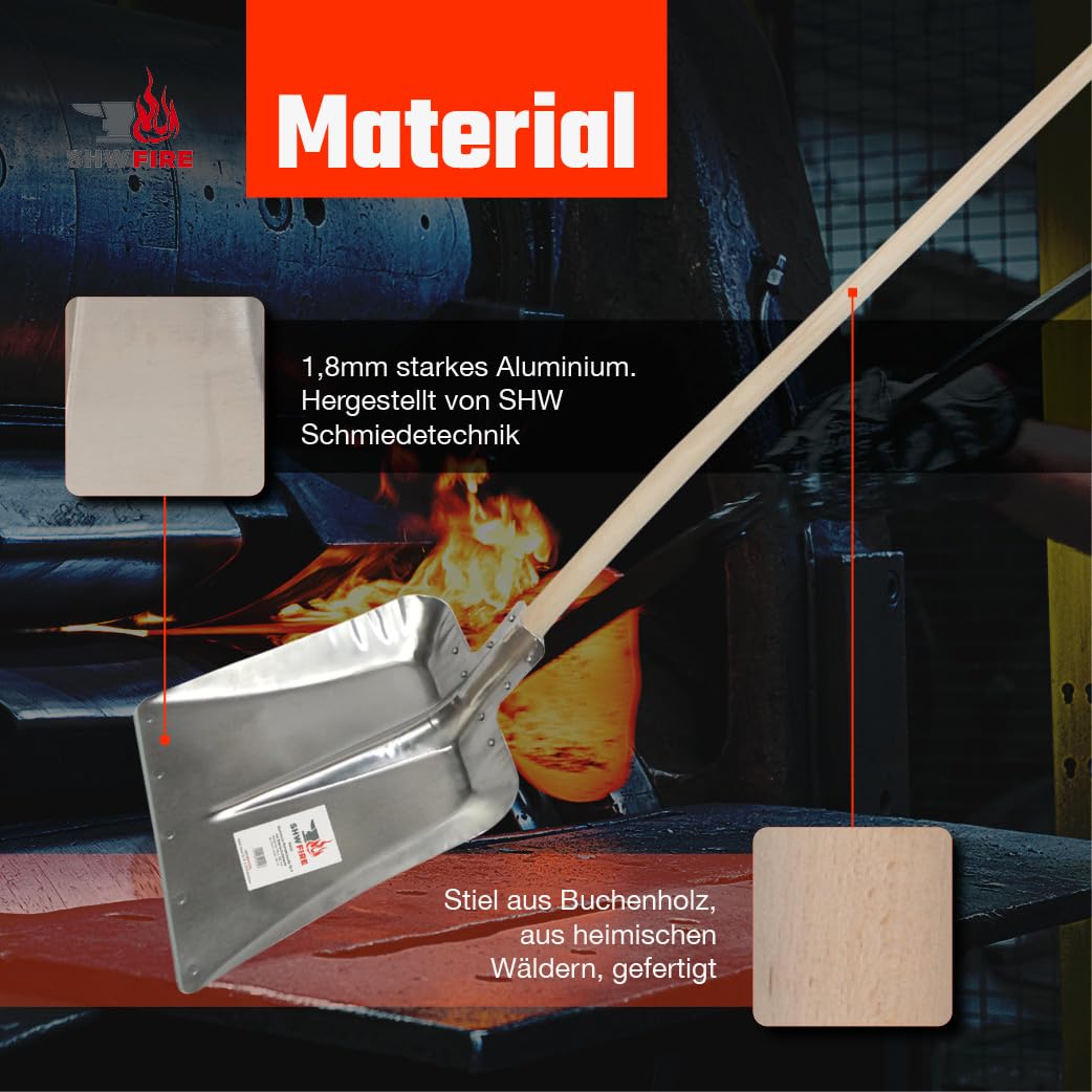 SHW-FIRE | Hallenser Alu Flachrandschaufel 130 cm Buchenholzstiel, 1,8 mm Aluminium, Stahlschutzkante, vielseitig für Garten, Hof, Futter & Schnee - Aluschaufel & Schippe | Made in Germany