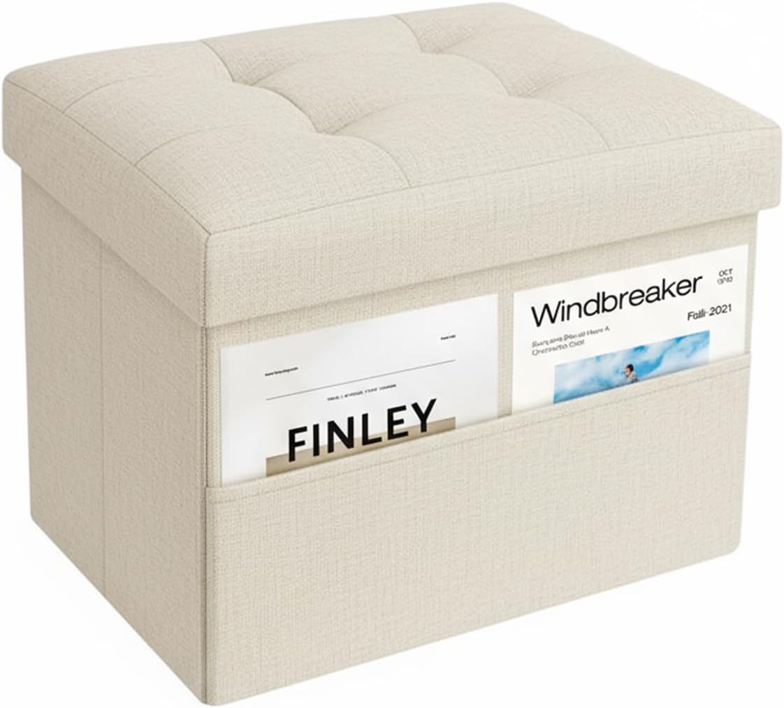 Storage Ottoman,Folding Ottomans with Storage,Linen Ottoman Foot Rest with Pocket,Foot Stool with Thicker Foam Padded for Living Room,Bedroom,Office,Dorm,287 lb Load Capacity,17x13x13in,Grey