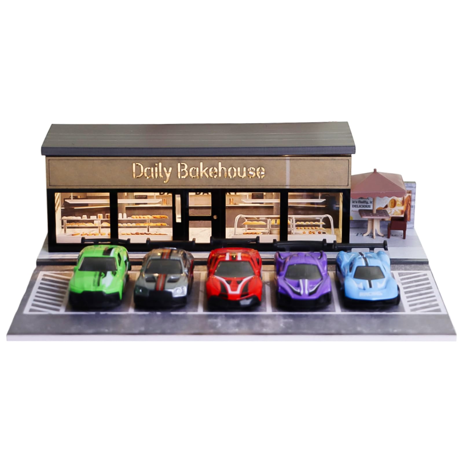 Diorama 1/64 Parcheggio, Garage Per Auto Giocattolo con Illuminazione LED, per 1/64 Scala Diecast Modello Auto, Scena Display, 5 Posti Auto All'aperto (Daily Bakehouse)