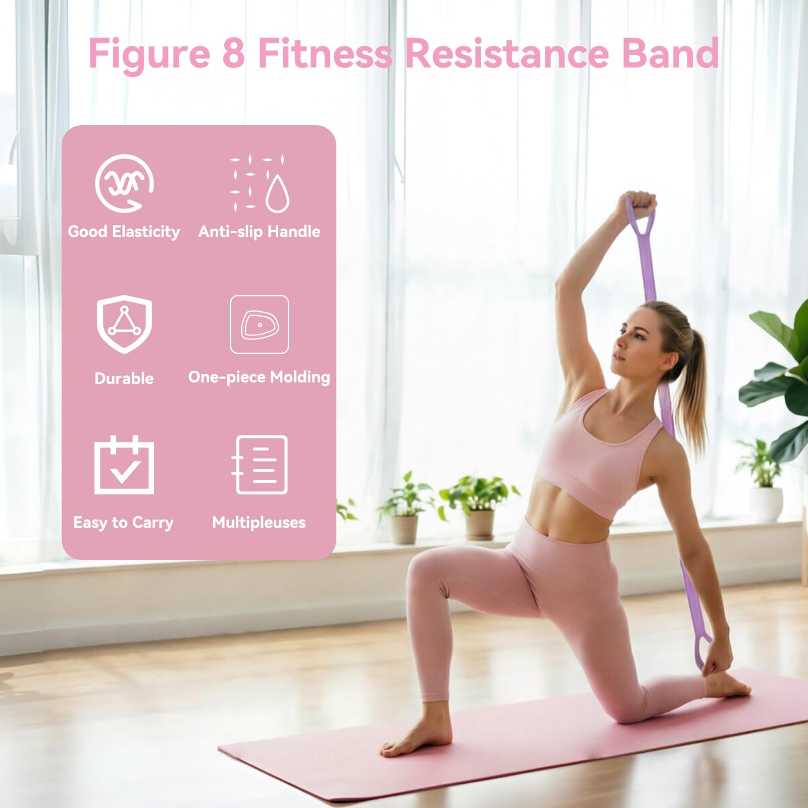 Figura 8 - Banda de resistencia con asas, bandas de entrenamiento de resistencia para brazos, hombros, espalda, piernas, estiramiento, banda de ejercicio para mujeres, banda elástica de fitness para