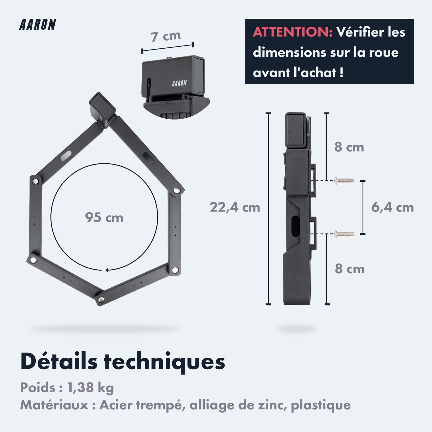 AARON Shield Antivol de vélo – Antivol pliable sécurisé niveau 14 – Support et clé inclus pour vélo électrique, de route, moto, VTT en noir