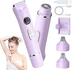 Aparador de biquíni feminino 4 em 1, à prova d'água IPX7 com luz LED, remoção indolor de pelos faciais e pubianos, barbeador de biquíni de cabeça dupla para axilas, pernas e pelos corporais